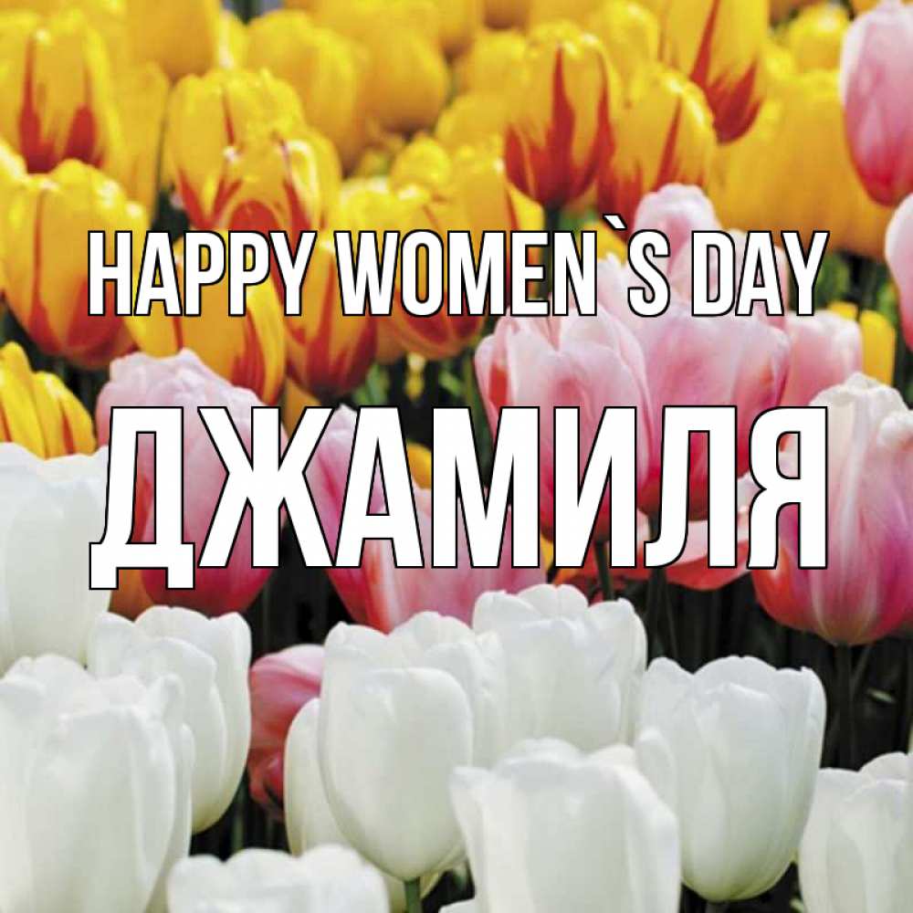 Greetings card с именем, Джамиля happy women`s day разноцветные цветы Greetings with text for free download 